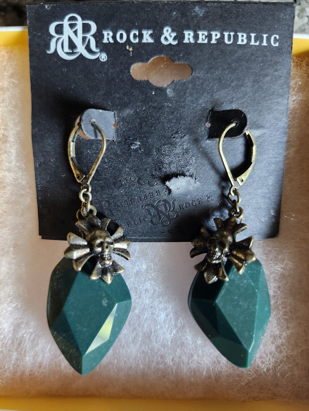 Rock & Republic Teal Faceted Teardrop Earrings with Skull Flower Accents